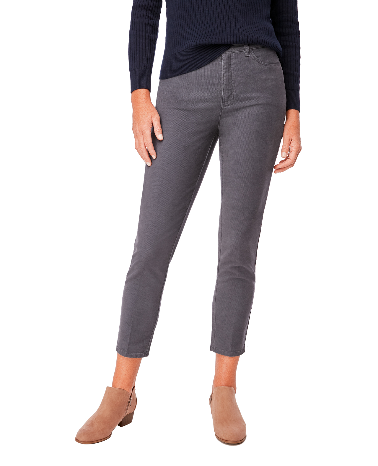 Picture of woman wearing grey fashion length pants with untucked top