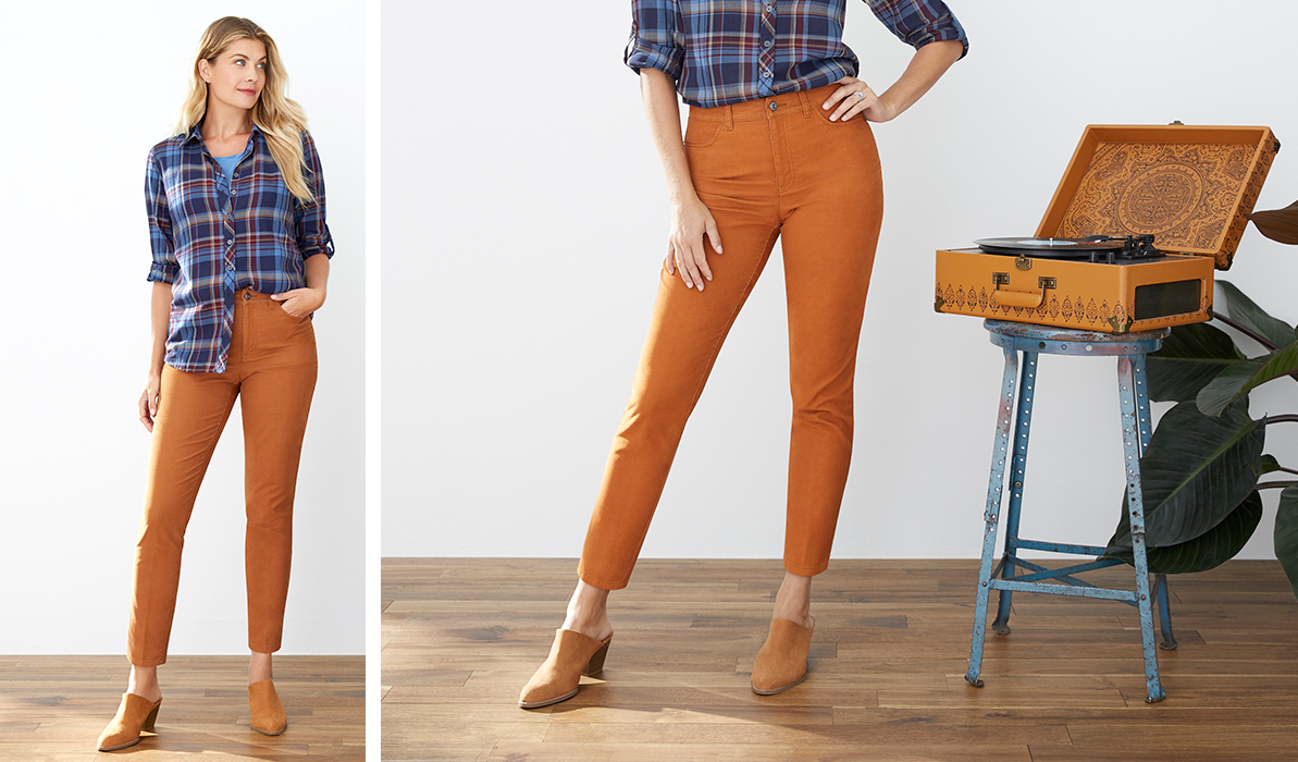 Two side by side pictures of a woman wearing chestnut brown fashion length pants and navy plaid top